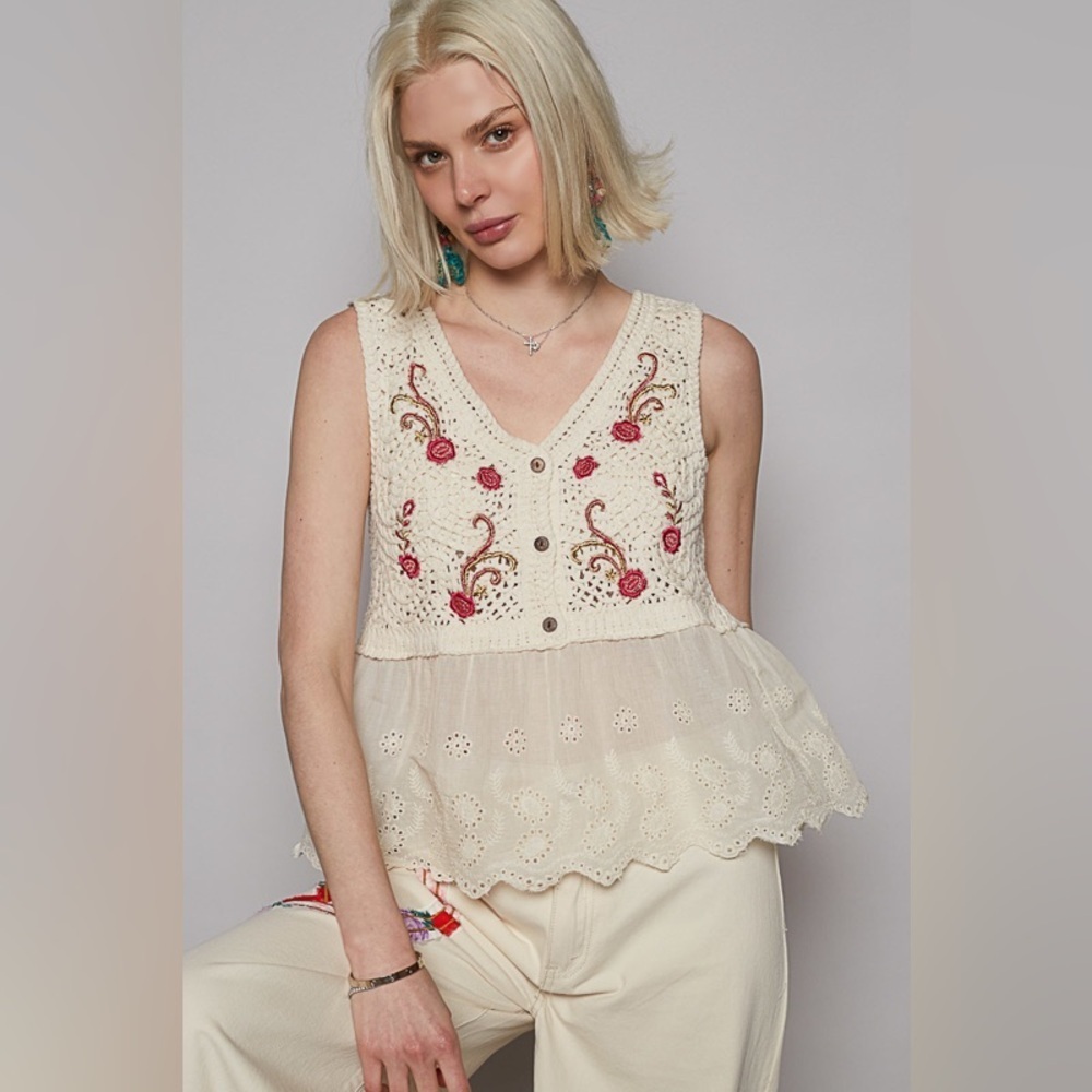 NEW POL Natural V Neck Floral Embroidered Crochet Tank Top One Size